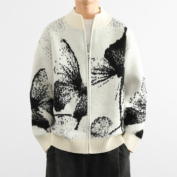 Плетен кардиган със жакардова шарка, кръгло деколте, свободна кройка, дълги ръкави (Жакардова шарка; Кръгло деколте; Свободна кройка; Дебела плетка; Полиестерна смес)