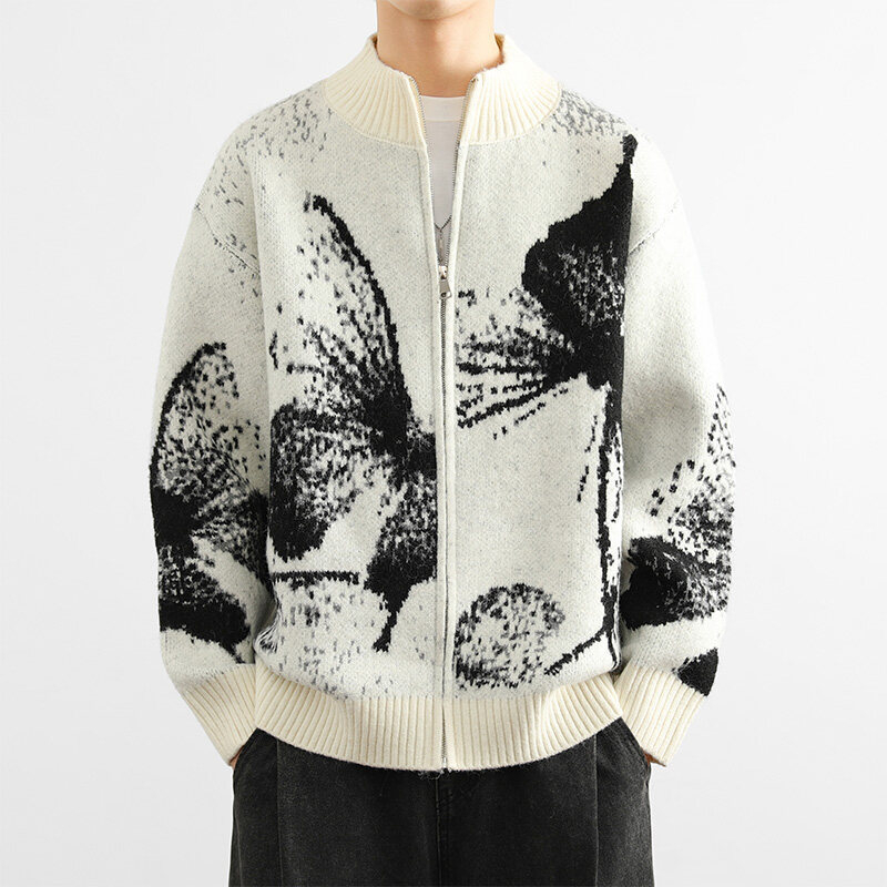 Cardigan tricotat cu model jacquard, guler rotund, croi lejer, mâneci lungi (Model jacquard; Guler rotund; Croi lejer; Țesătură densă; Amestec poliester)