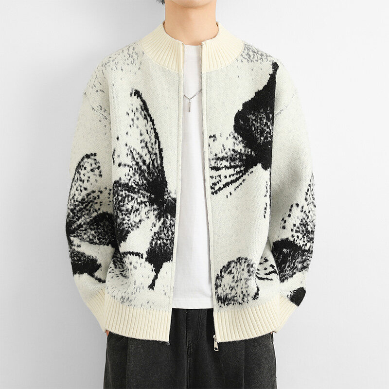 Cardigan tricotat cu model jacquard, guler rotund, croi lejer, mâneci lungi (Model jacquard; Guler rotund; Croi lejer; Țesătură densă; Amestec poliester)