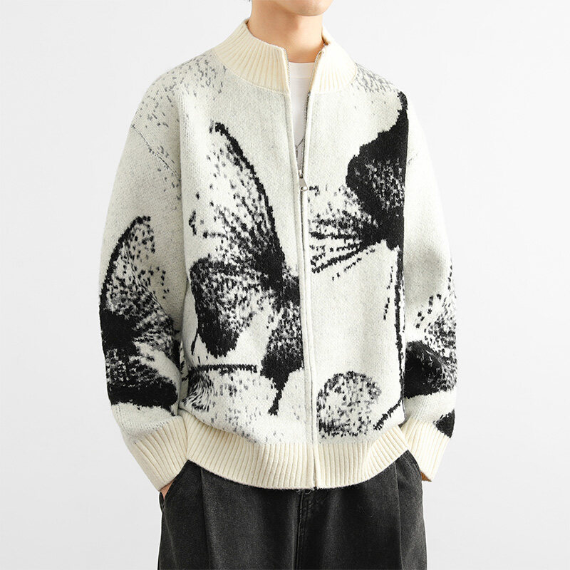 Cardigan tricotat cu model jacquard, guler rotund, croi lejer, mâneci lungi (Model jacquard; Guler rotund; Croi lejer; Țesătură densă; Amestec poliester)