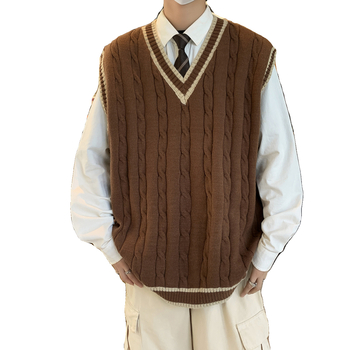 Megzta be rankovių liemenė su V iškirpte, retro Amerikos stilius, akademinis įkvėpimas, laisvas siluetas, 2023 m. žiema