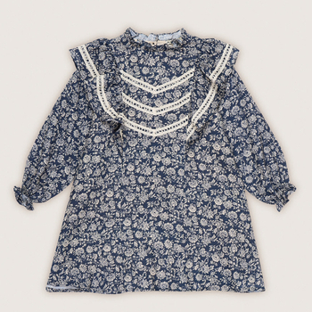 Vaikų suknelė 9583724 – ilgomis rankovėmis, gazės medžiaga, medvilnė su gėlių raštu, A linijos siluetas