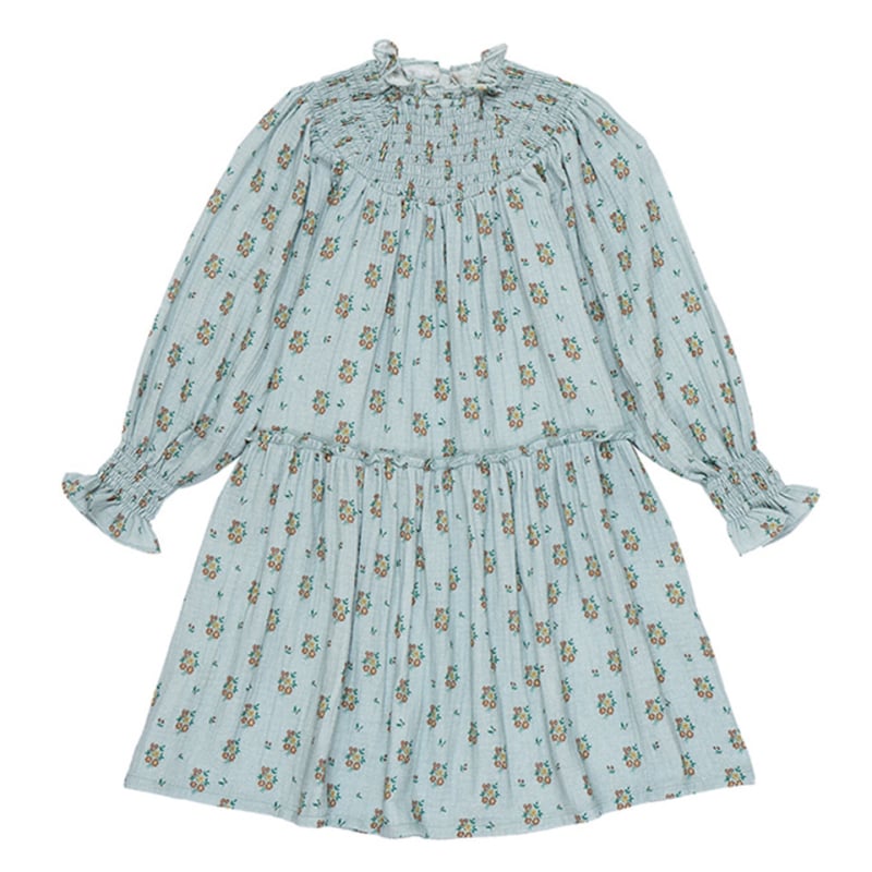 Vaikų suknelė 9583724 – ilgomis rankovėmis, gazės medžiaga, medvilnė su gėlių raštu, A linijos siluetas