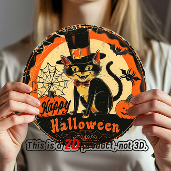 Ξύλινο κρεμαστό για το Χάλογουίν με καπέλο σε σχήμα κυλίνδρου, μαύρη γάτα και στρογγυλή πινακίδα κολοκύθας