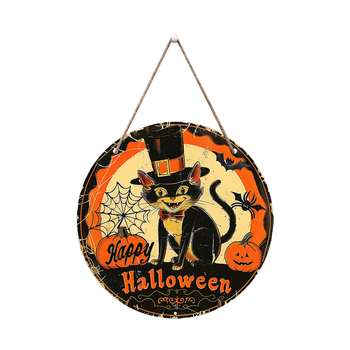 Ξύλινο κρεμαστό για το Χάλογουίν με καπέλο σε σχήμα κυλίνδρου, μαύρη γάτα και στρογγυλή πινακίδα κολοκύθας