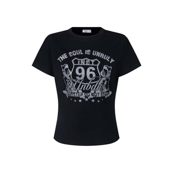 UNBDNS Γυναικείο T-shirt σε αμερικανικό στυλ ρετρό με εκτύπωση κειμένου, κοντές μανίκες, στρογγυλός λαιμός — Slim fit, βαμβάκι, κείμενο εκτύπωσης, street hipster