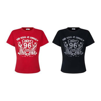 UNBDNS Γυναικείο T-shirt σε αμερικανικό στυλ ρετρό με εκτύπωση κειμένου, κοντές μανίκες, στρογγυλός λαιμός — Slim fit, βαμβάκι, κείμενο εκτύπωσης, street hipster