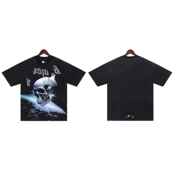 T-Shirt δρόμου, χαλαρή γραμμή, από 96% καθαρό βαμβάκι, εκτύπωση γράμμα-κρανίο, στρογγυλός λαιμός