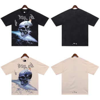 T-Shirt δρόμου, χαλαρή γραμμή, από 96% καθαρό βαμβάκι, εκτύπωση γράμμα-κρανίο, στρογγυλός λαιμός