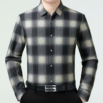 Мъжка риза в каре от вълнено-бленд с подплата от кашмир, яка с превъртане, дълги ръкави