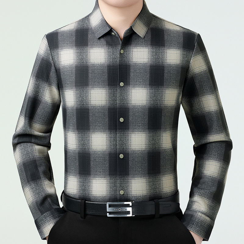 Мъжка риза в каре от вълнено-бленд с подплата от кашмир, яка с превъртане, дълги ръкави