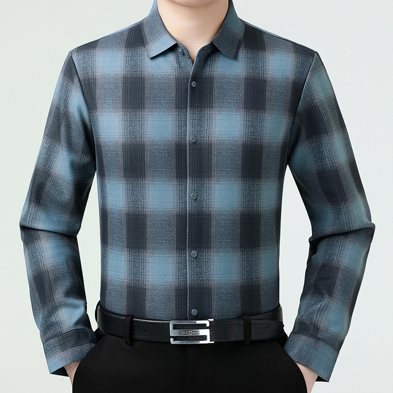 Мъжка риза в каре от вълнено-бленд с подплата от кашмир, яка с превъртане, дълги ръкави