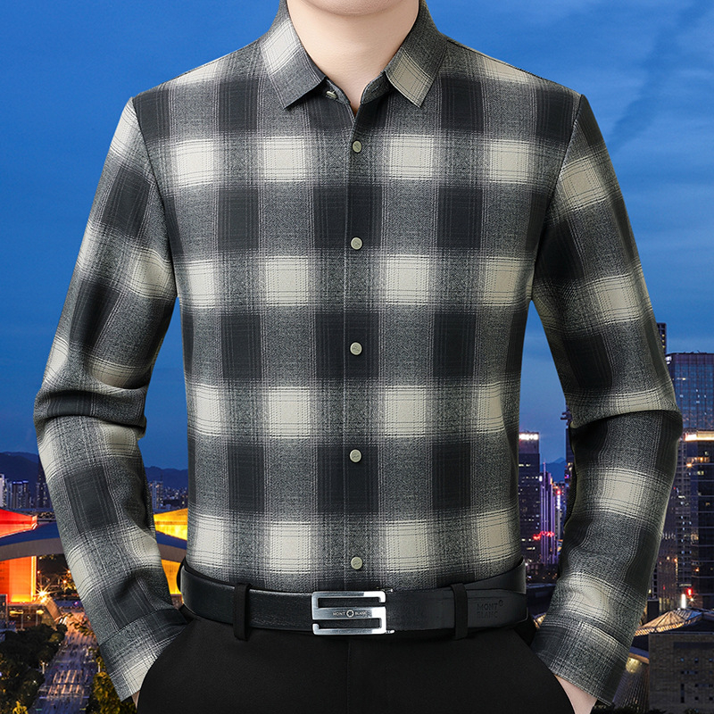 Мъжка риза в каре от вълнено-бленд с подплата от кашмир, яка с превъртане, дълги ръкави