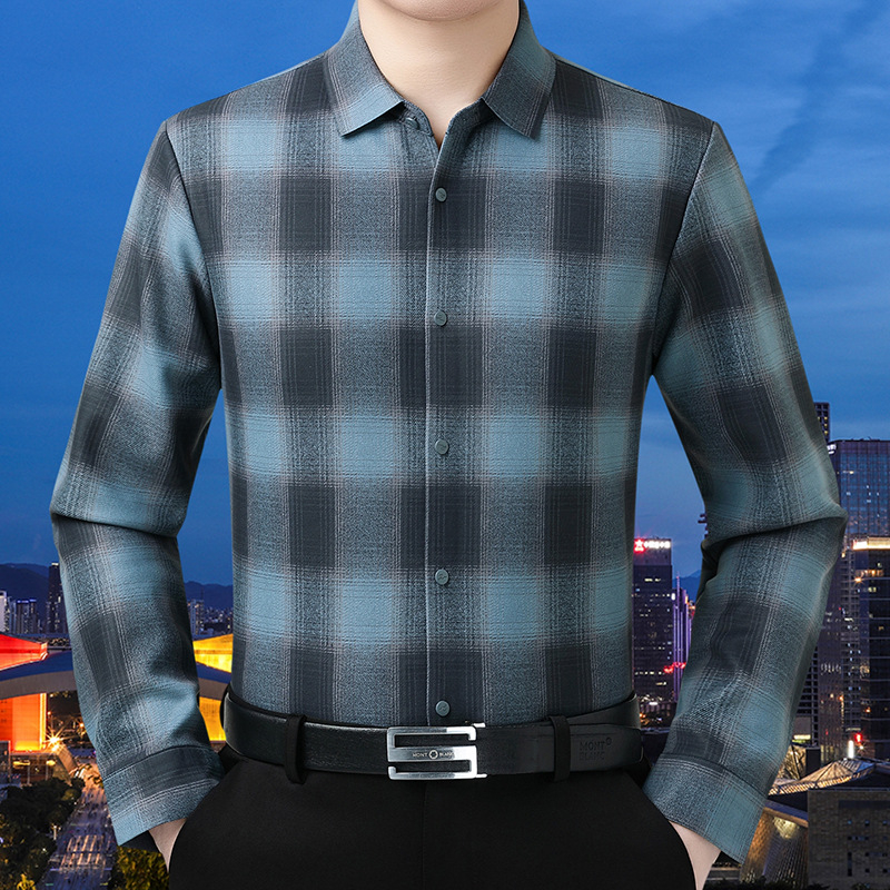 Мъжка риза в каре от вълнено-бленд с подплата от кашмир, яка с превъртане, дълги ръкави