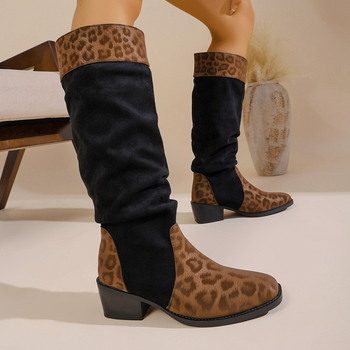 Botine de damă în stil coreean, suprafață din velur, șaft scurt, vârf rotund, toc gros, model color blocking