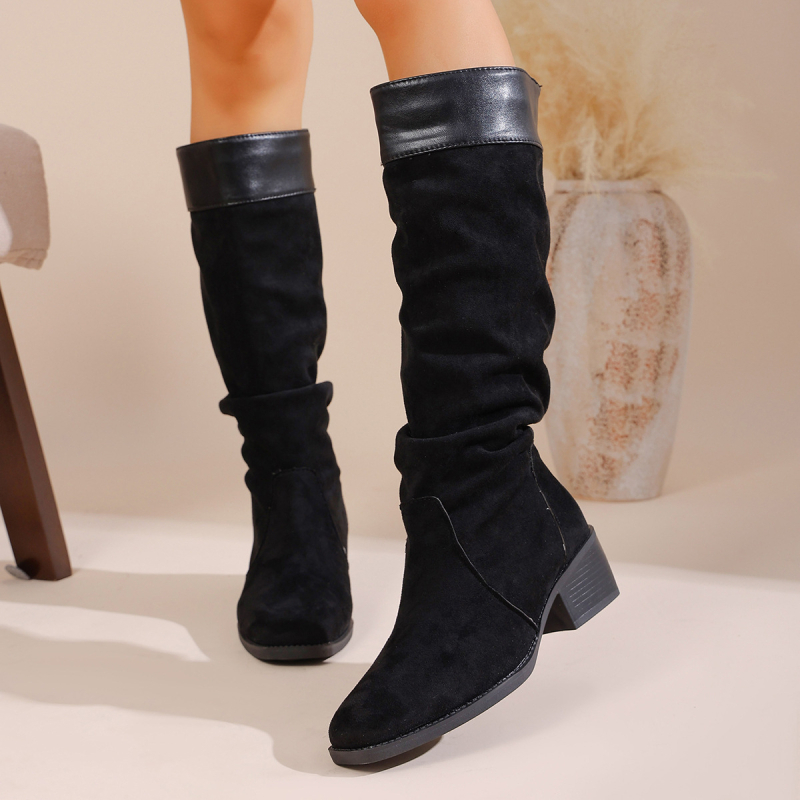 Botine de damă în stil coreean, suprafață din velur, șaft scurt, vârf rotund, toc gros, model color blocking