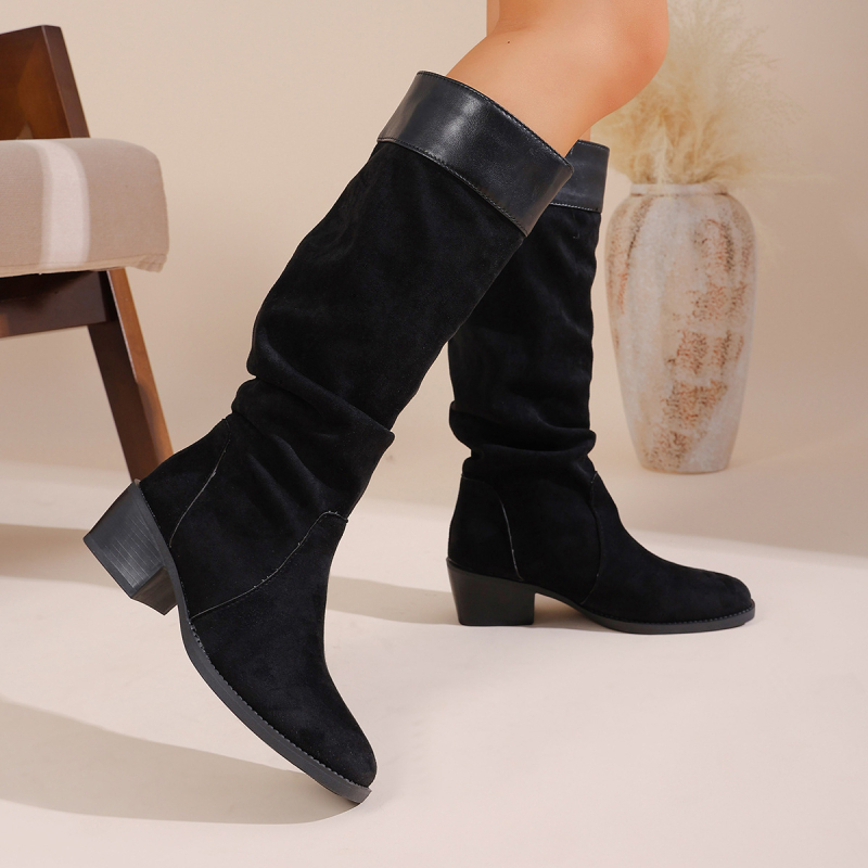 Botine de damă în stil coreean, suprafață din velur, șaft scurt, vârf rotund, toc gros, model color blocking