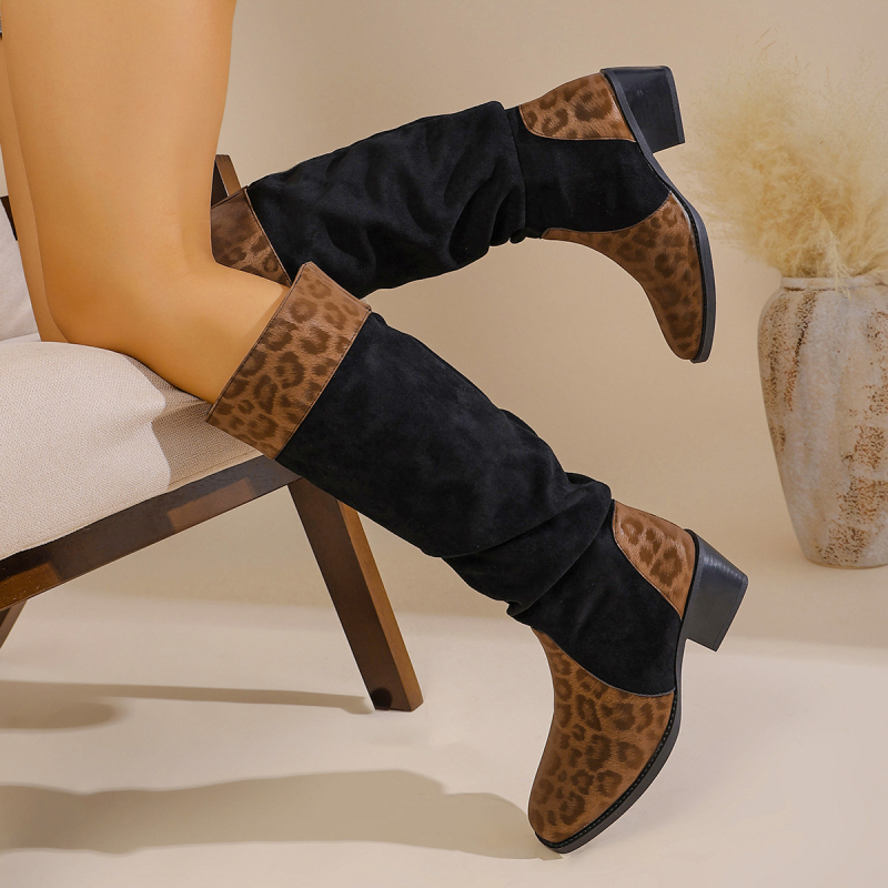 Botine de damă în stil coreean, suprafață din velur, șaft scurt, vârf rotund, toc gros, model color blocking