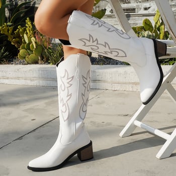 Női cowboy csizma – hegyes orr, vastag sarok 6–8 cm, PU felsőrész, magas szár, kézzel rajzolt minta