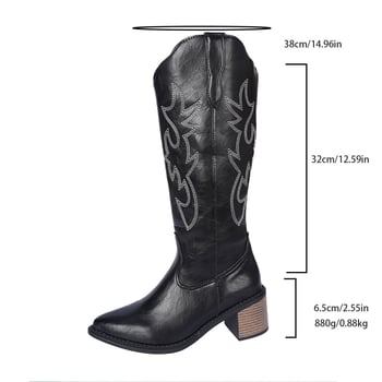 Női cowboy csizma – hegyes orr, vastag sarok 6–8 cm, PU felsőrész, magas szár, kézzel rajzolt minta