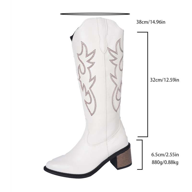 Női cowboy csizma – hegyes orr, vastag sarok 6–8 cm, PU felsőrész, magas szár, kézzel rajzolt minta