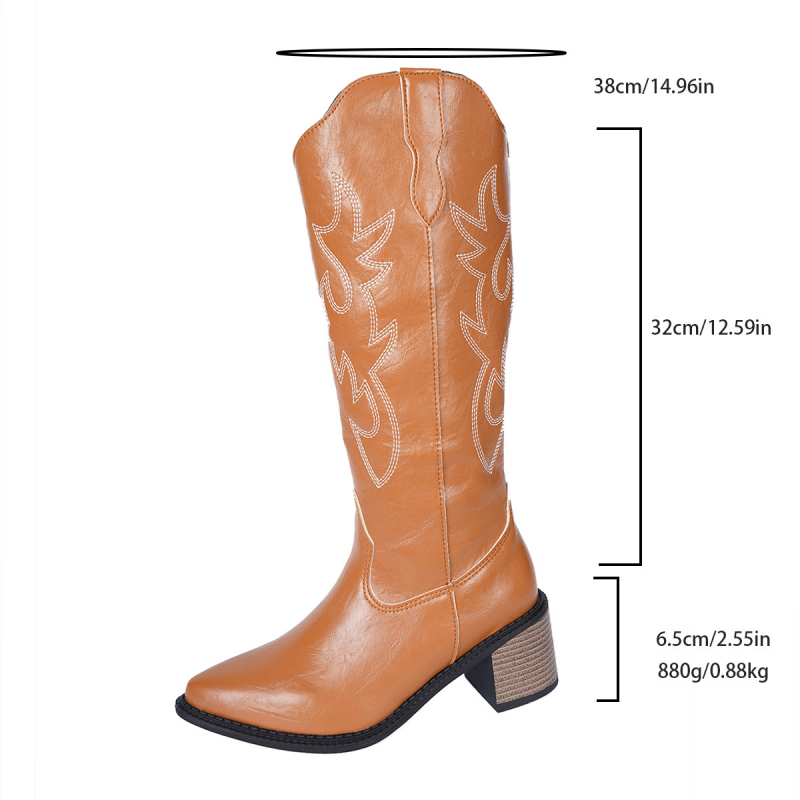 Női cowboy csizma – hegyes orr, vastag sarok 6–8 cm, PU felsőrész, magas szár, kézzel rajzolt minta