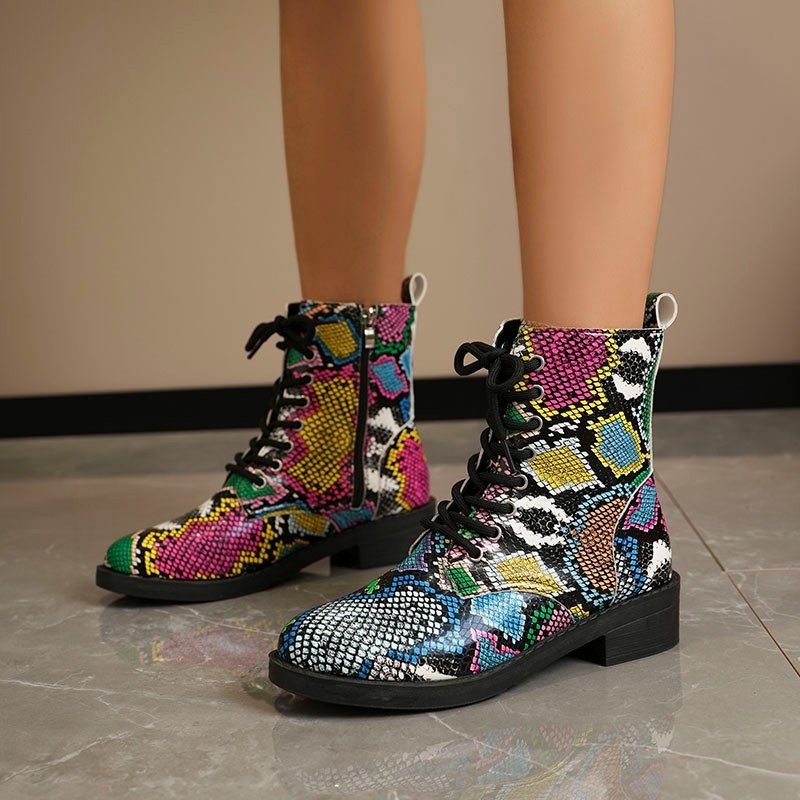 Cizme Martin pentru femei, vârf rotund, toc pătrat, toc mediu 3-5 cm, partea superioară din PU, fermoar lateral