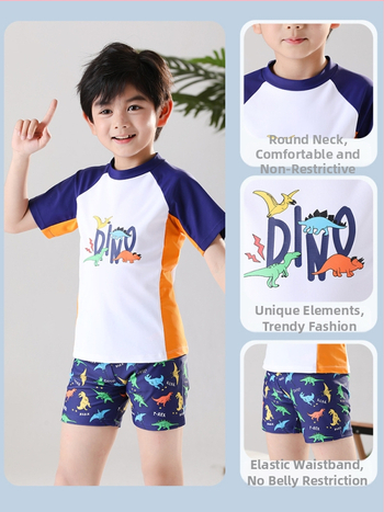 Σετ δύο τεμαχίων μαγιό αγόρια — κορεατικό στυλ, μοτίβο καρτούν, ελαστικό και γρήγορο στέγνωμα; εξωτερικό πολυεστέρας, 82% νάιλον, επένδυση 100% πολυεστέρας; στυλ briefs; για κολύμβηση και βάδισμα σε ρηχά; 6–12 ετών