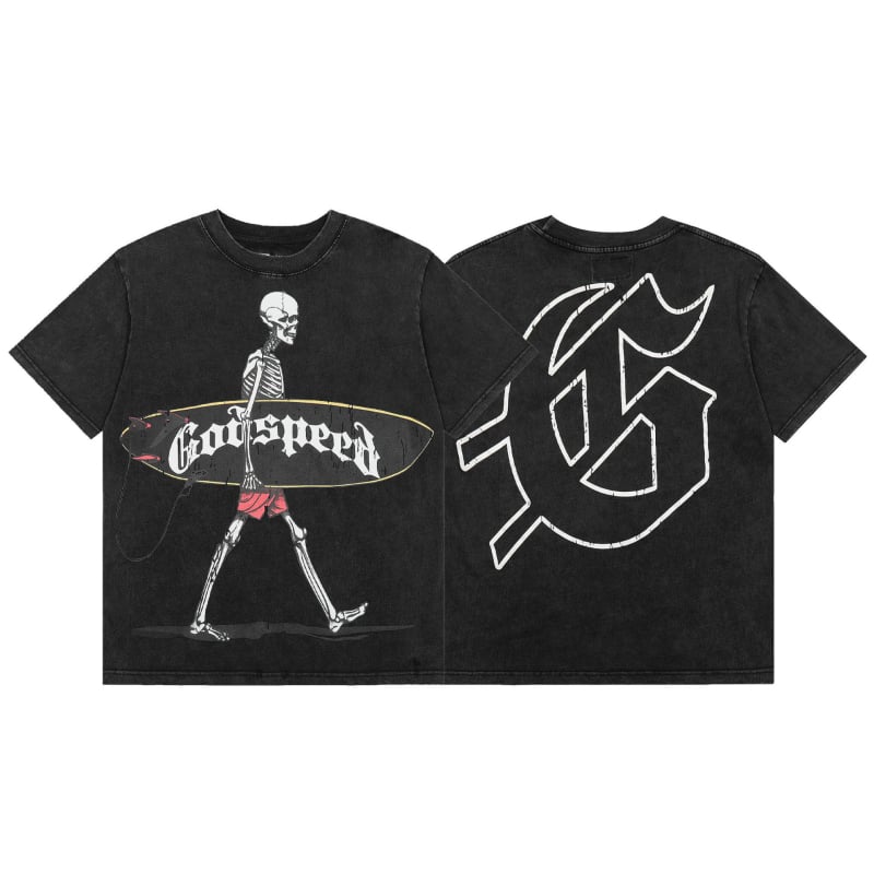 Tricou bărbătește din bumbac, imprimeu craniu-skate, croială lejeră, mânecă scurtă, vară