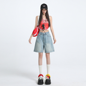 Γυναικείοι τζιν σορτς από βαμβάκι, ψηλή μέση, χαλαρή εφαρμογή, πλυμένο φινίρισμα