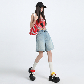 Γυναικείοι τζιν σορτς από βαμβάκι, ψηλή μέση, χαλαρή εφαρμογή, πλυμένο φινίρισμα