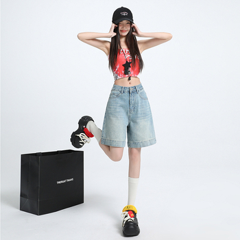 Γυναικείοι τζιν σορτς από βαμβάκι, ψηλή μέση, χαλαρή εφαρμογή, πλυμένο φινίρισμα