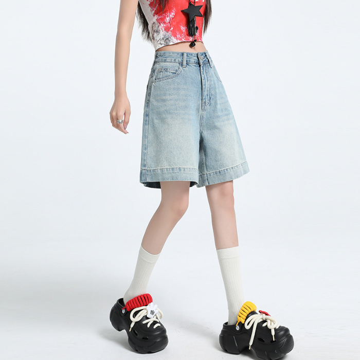 Γυναικείοι τζιν σορτς από βαμβάκι, ψηλή μέση, χαλαρή εφαρμογή, πλυμένο φινίρισμα