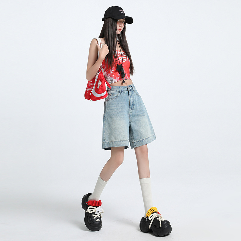 Γυναικείοι τζιν σορτς από βαμβάκι, ψηλή μέση, χαλαρή εφαρμογή, πλυμένο φινίρισμα