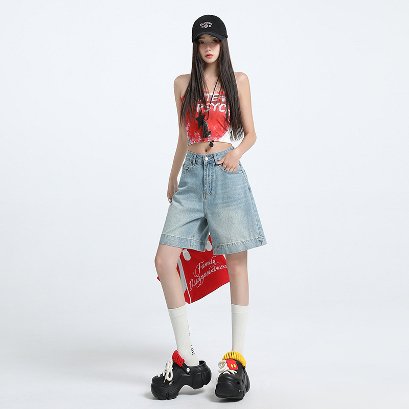 Γυναικείοι τζιν σορτς από βαμβάκι, ψηλή μέση, χαλαρή εφαρμογή, πλυμένο φινίρισμα