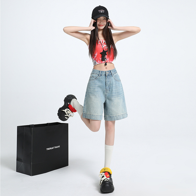 Γυναικείοι τζιν σορτς από βαμβάκι, ψηλή μέση, χαλαρή εφαρμογή, πλυμένο φινίρισμα