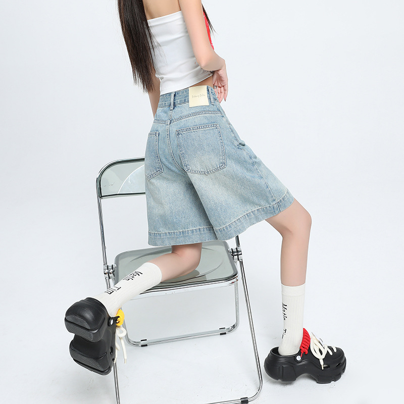 Γυναικείοι τζιν σορτς από βαμβάκι, ψηλή μέση, χαλαρή εφαρμογή, πλυμένο φινίρισμα