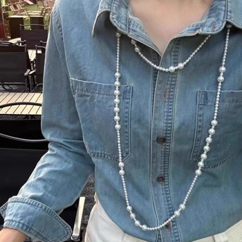 Κολιέ από ψεύτικα μαργαριράρια, χειροποίητο, γεωμετρικός τύπος, αλυσίδα από μαργαριτάρια, πολυεπίπεδο σχέδιο