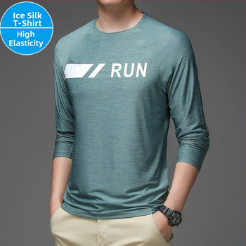 Ανδρική μακρυμάνικη μπλούζα Ice Silk, γρήγορο στέγνωμα, διαπνέον πολυεστέρας-σπαντεξ 90/10, στρογγυλός λαιμός, χαλαρή γραμμή, αθλητικές και εξωτερικές δραστηριότητες