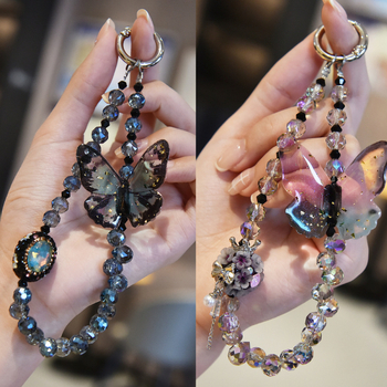 Ланярд за телефон с кристална пеперуда и метална катарама, полиестерен шнур, унисекс дизайн