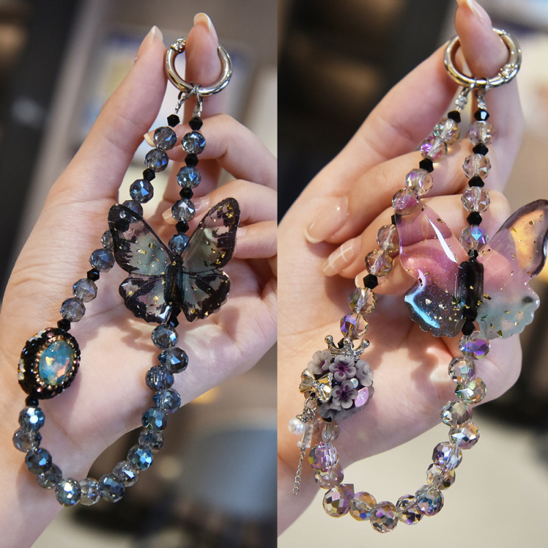 Ланярд за телефон с кристална пеперуда и метална катарама, полиестерен шнур, унисекс дизайн