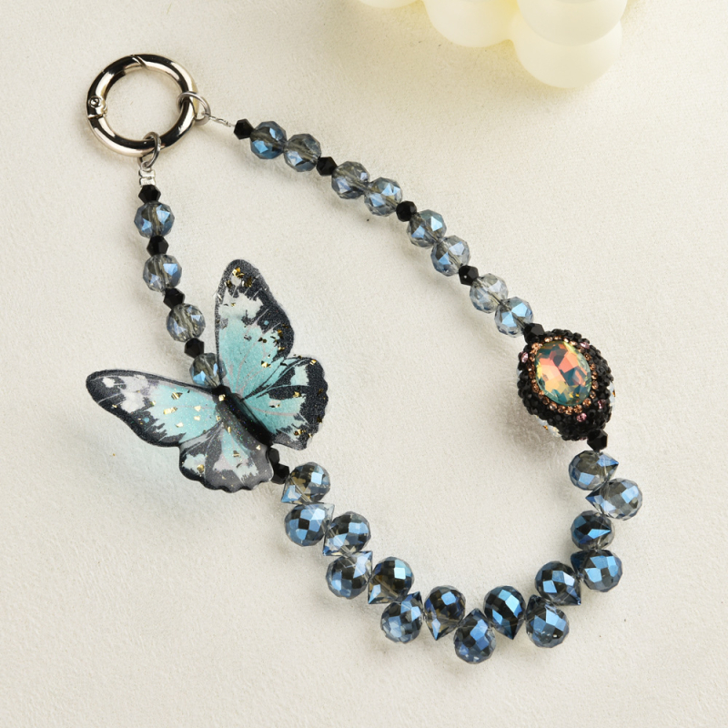 Ланярд за телефон с кристална пеперуда и метална катарама, полиестерен шнур, унисекс дизайн