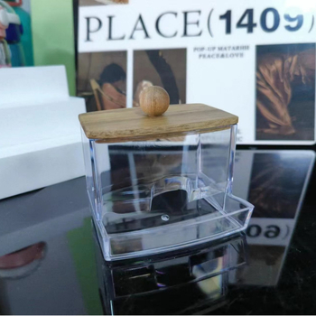 Kosmetinės laikymo dėžutė su vatos tamponų laikikliu, PS ir medžio konstrukcija, retro stilius, spausdintas logotipas