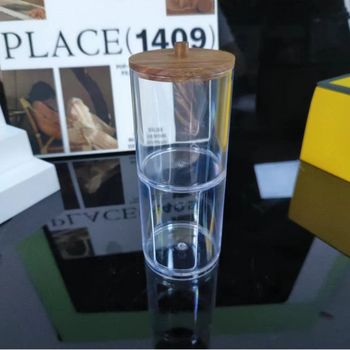 Kosmetinės laikymo dėžutė su vatos tamponų laikikliu, PS ir medžio konstrukcija, retro stilius, spausdintas logotipas