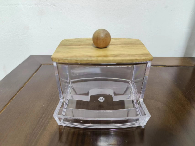 Kosmetinės laikymo dėžutė su vatos tamponų laikikliu, PS ir medžio konstrukcija, retro stilius, spausdintas logotipas