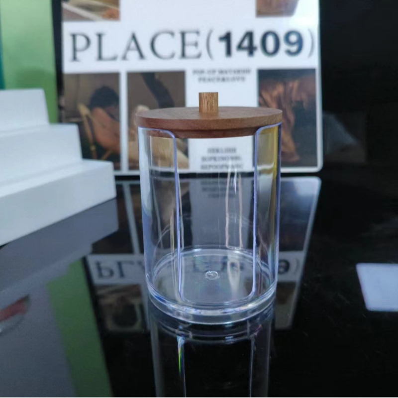 Kosmetinės laikymo dėžutė su vatos tamponų laikikliu, PS ir medžio konstrukcija, retro stilius, spausdintas logotipas