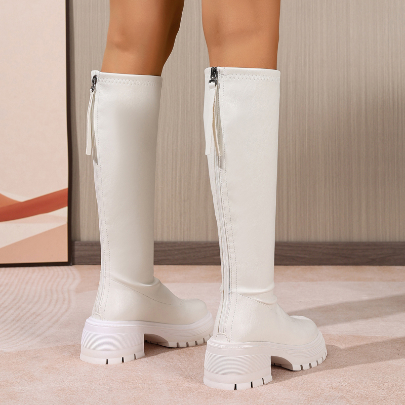 Botosei damă fashion cu gambă înaltă, vârf rotund, PU exterior, talpă din spumă de cauciuc, toc înalt 6–8 cm