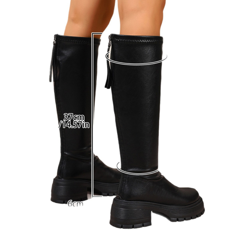 Botosei damă fashion cu gambă înaltă, vârf rotund, PU exterior, talpă din spumă de cauciuc, toc înalt 6–8 cm