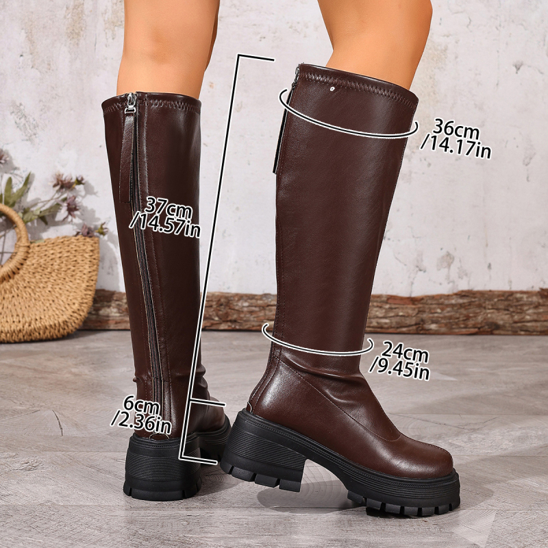 Botosei damă fashion cu gambă înaltă, vârf rotund, PU exterior, talpă din spumă de cauciuc, toc înalt 6–8 cm