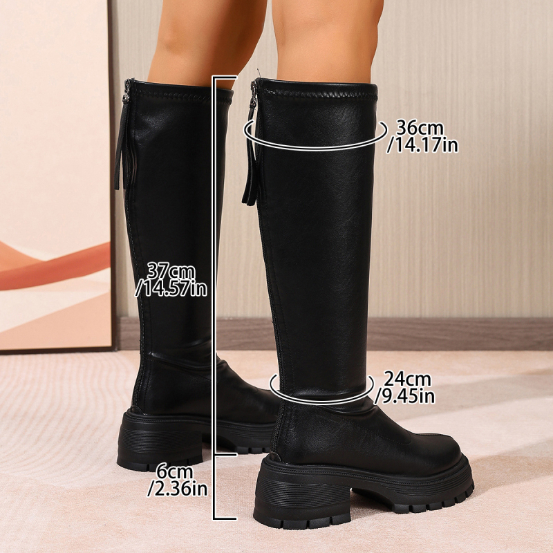 Botosei damă fashion cu gambă înaltă, vârf rotund, PU exterior, talpă din spumă de cauciuc, toc înalt 6–8 cm